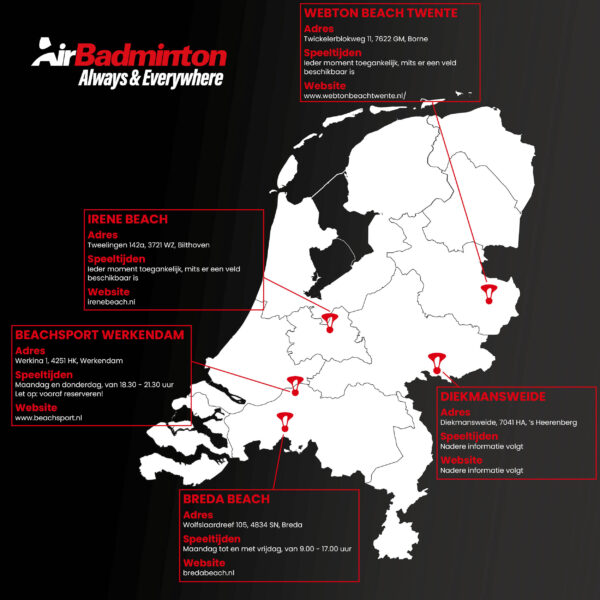 AirBadminton - overzichtskaart structurele locaties